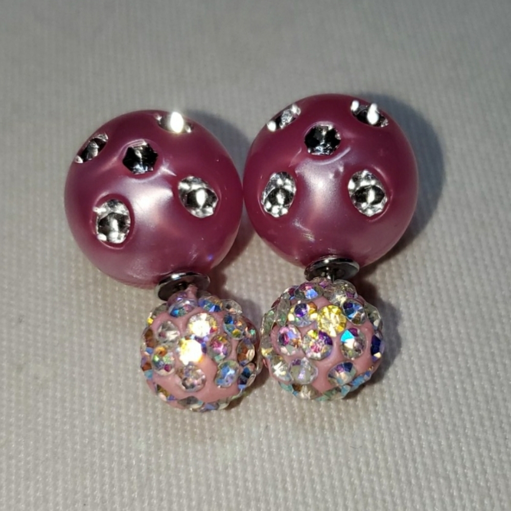 🎀Rhinestone Double Sided Earrings, pink🎀 - Picture 2 of 4